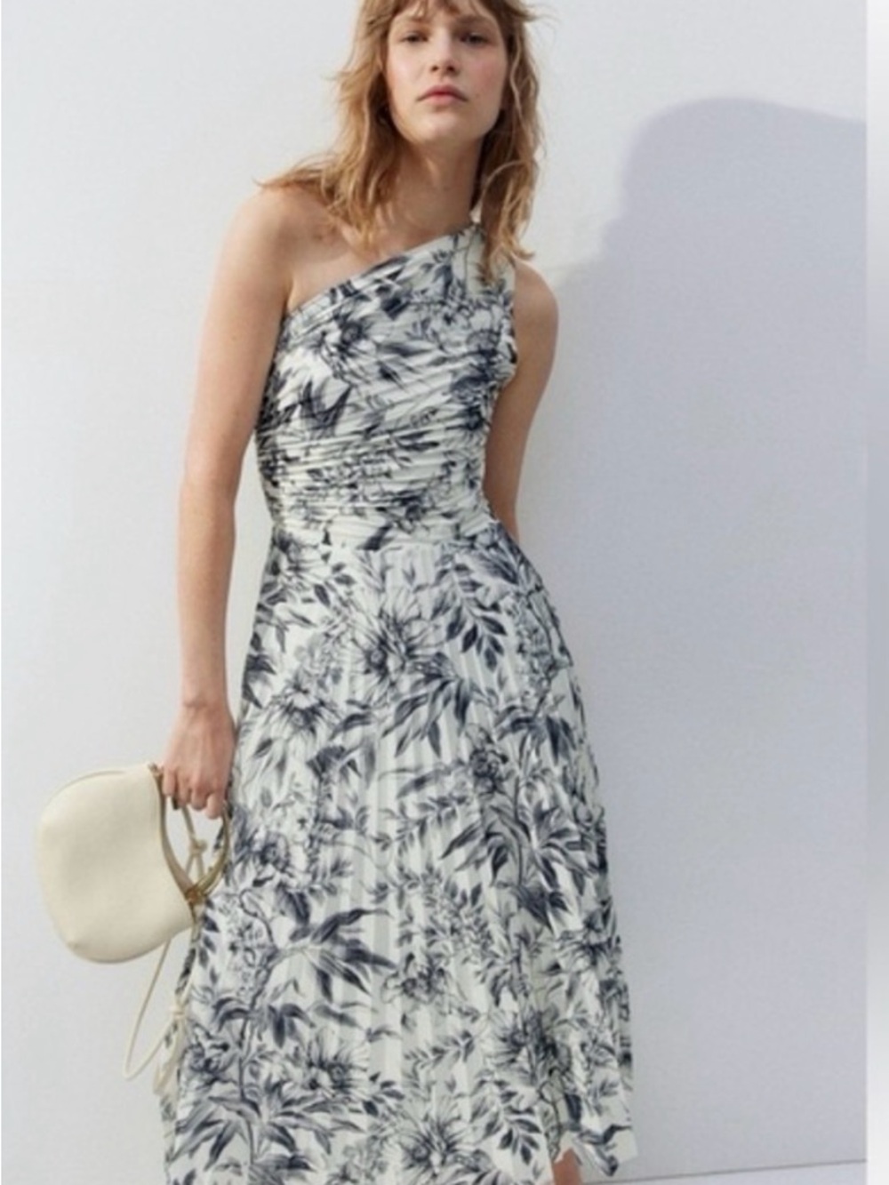 H&M One-Shoulder Black & White Floral Maxi Dress